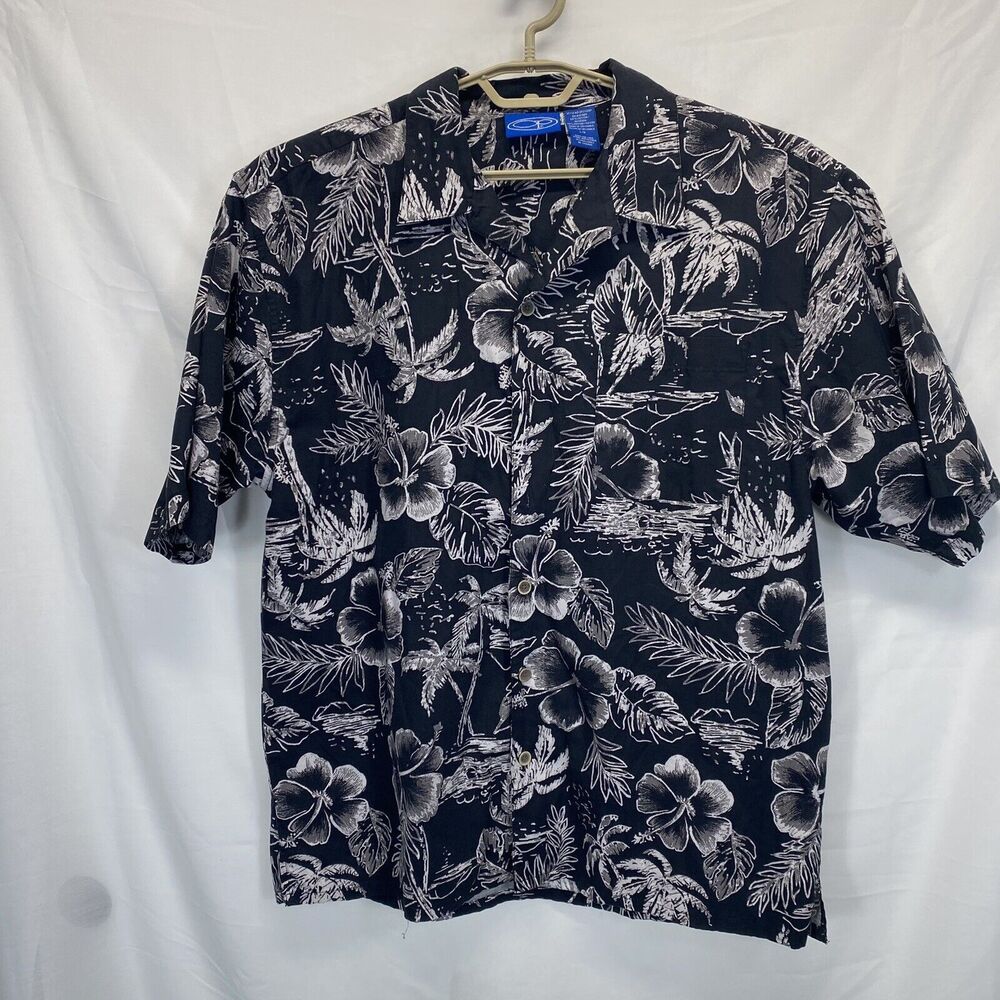 OP Hawaiian Men's Size Large Cotton Rayon Black White Floral Shirt RN87989 **